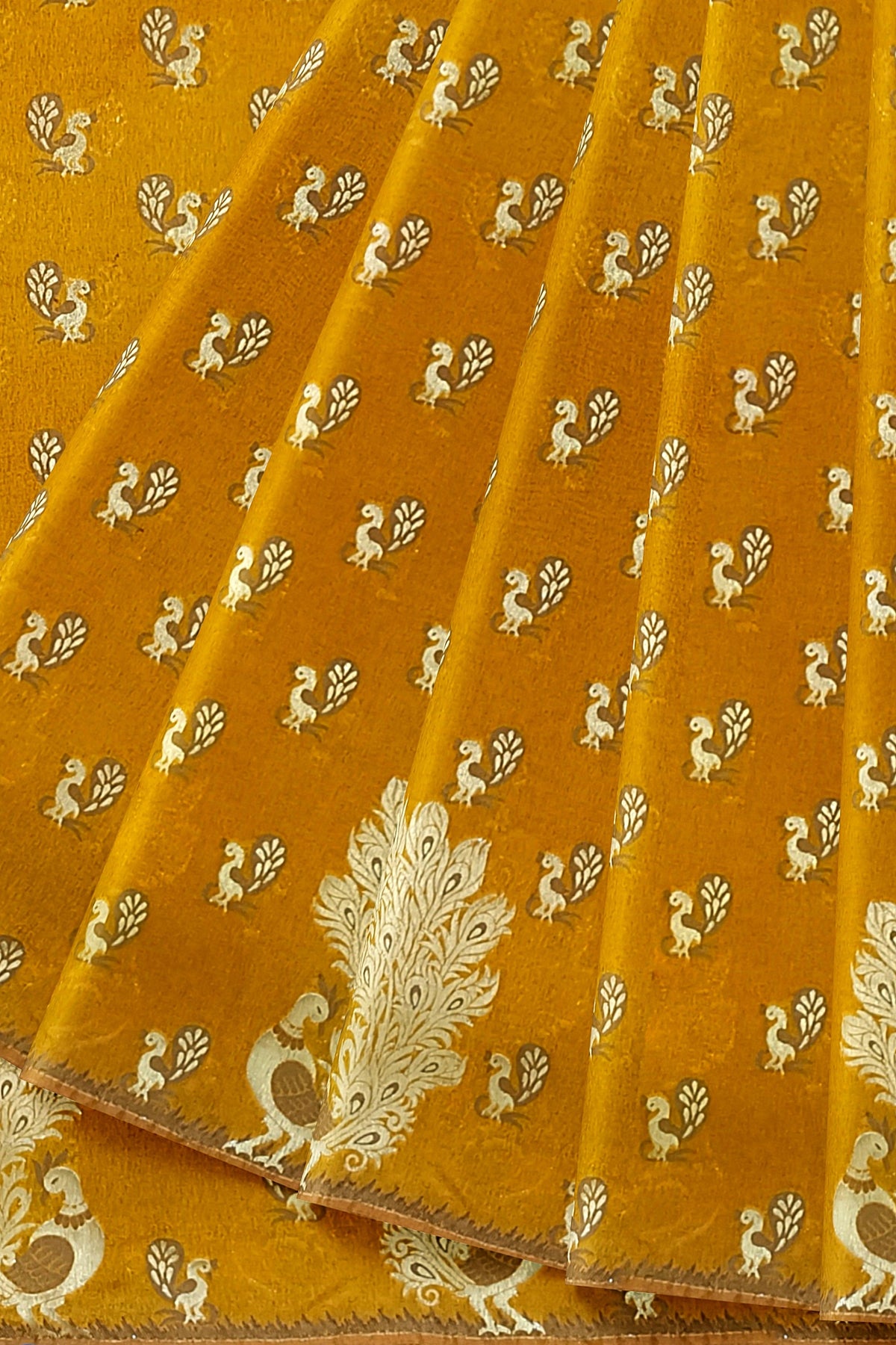 Mustard Red Peacock Silk Saree