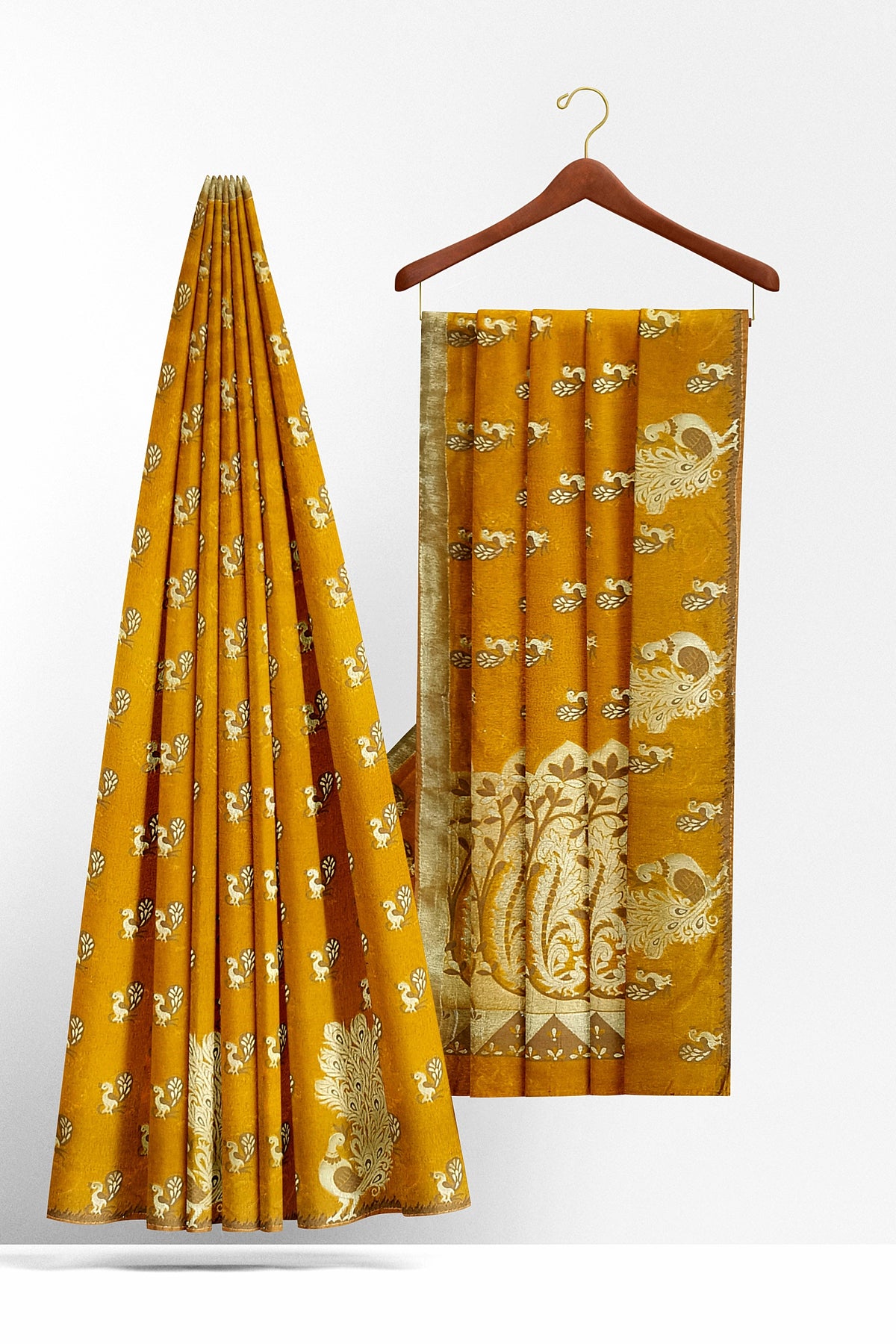 Mustard Red Peacock Silk Saree