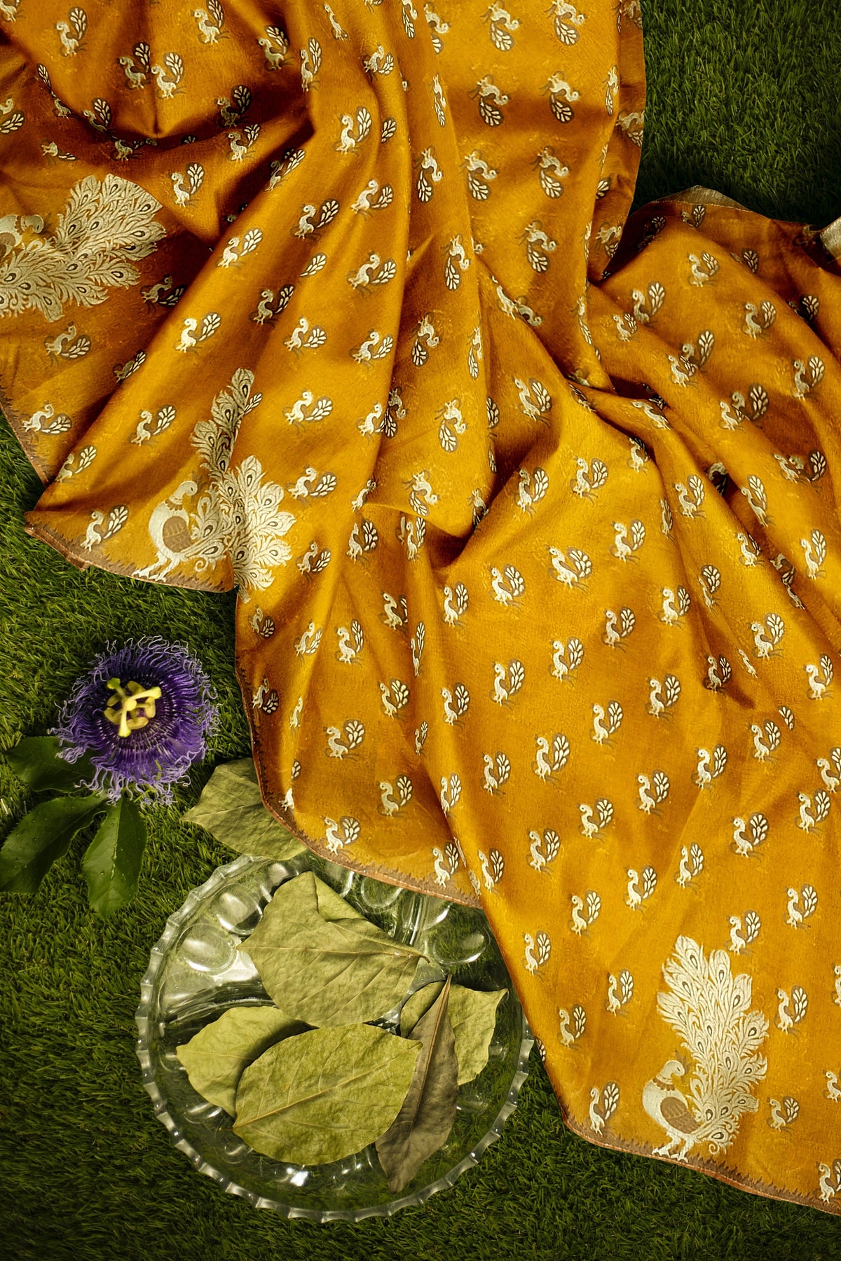 Mustard Red Peacock Silk Saree