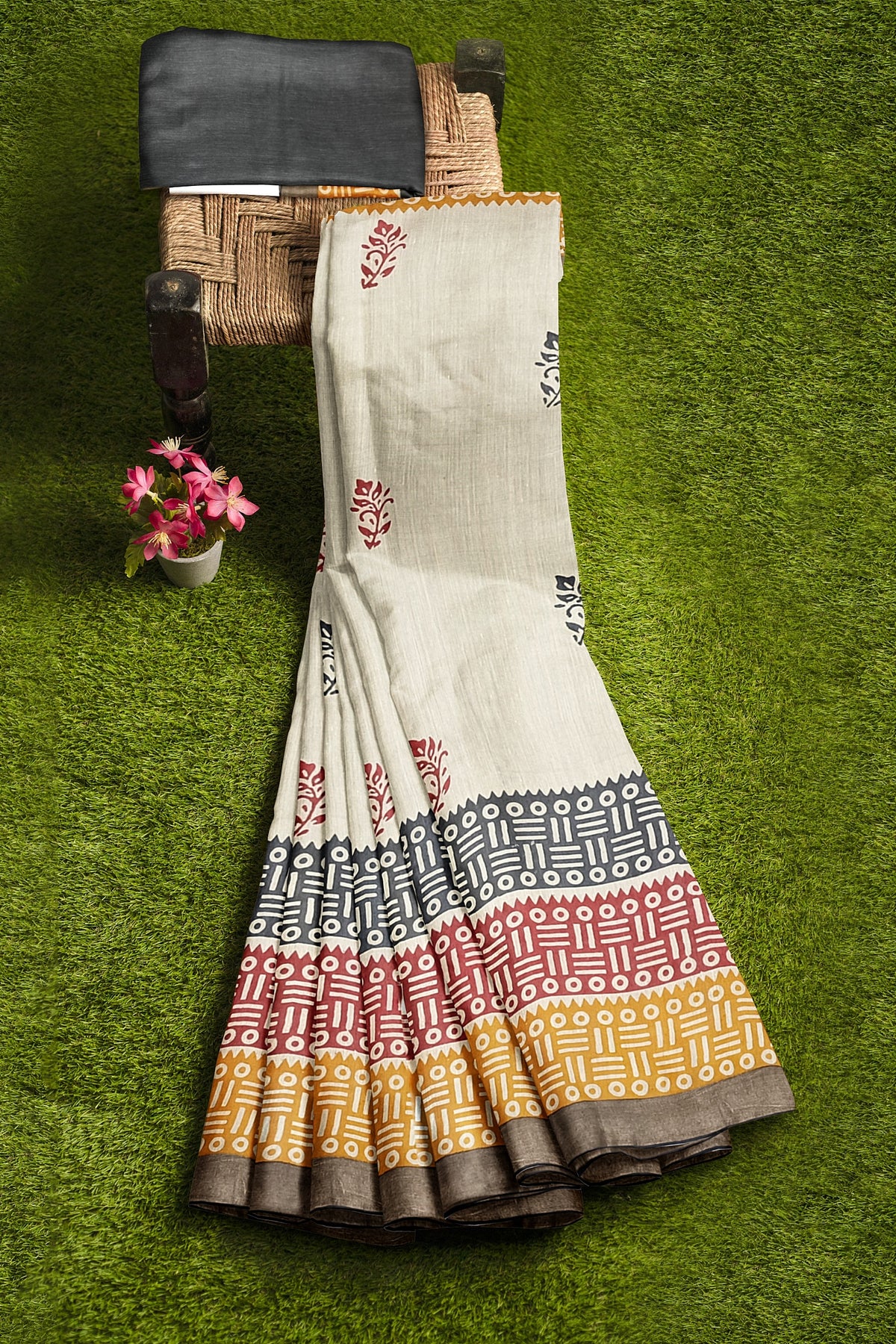 Offwhite Beige Hand Block Print Pure Kosa Silk Saree