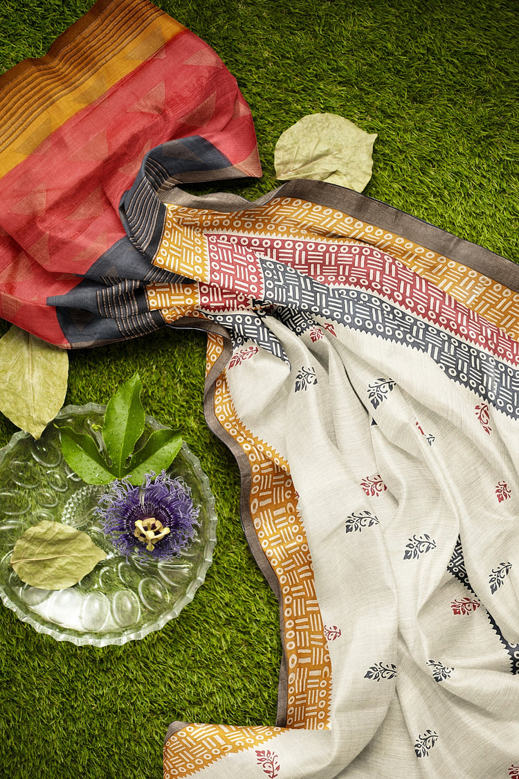 Offwhite Beige Hand Block Print Pure Kosa Silk Saree