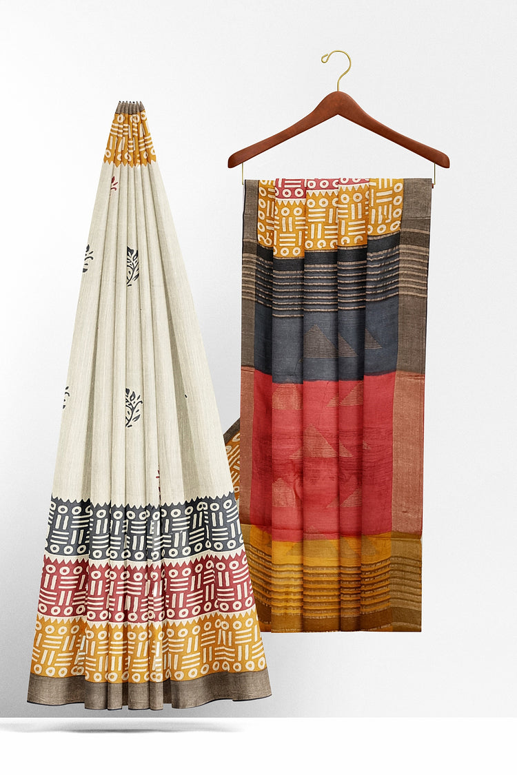 Offwhite Beige Hand Block Print Pure Kosa Silk Saree