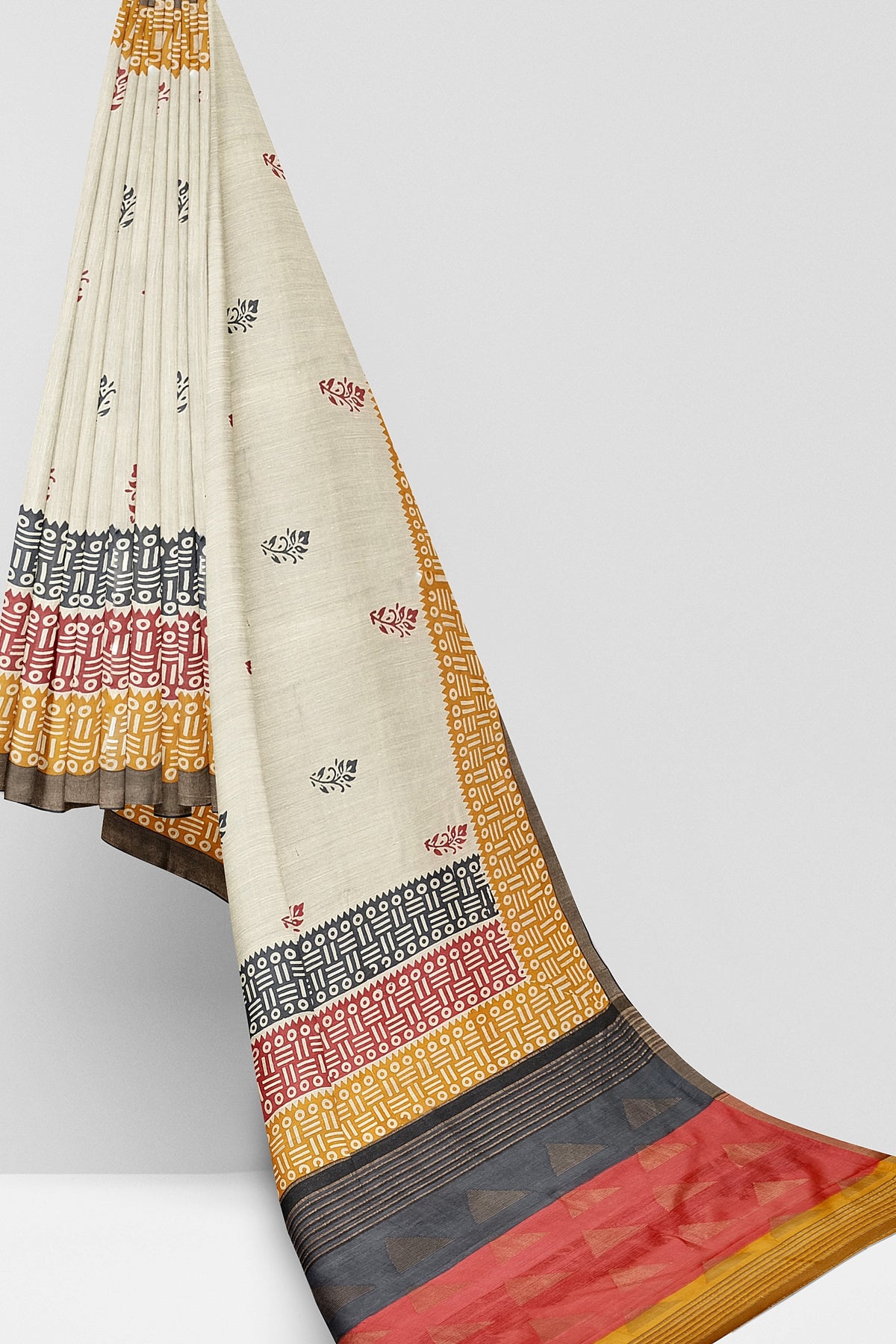Offwhite Beige Hand Block Print Pure Kosa Silk Saree