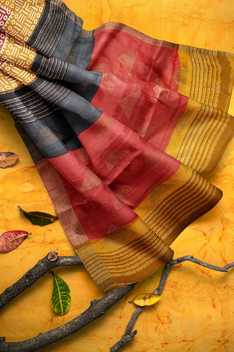 Offwhite Beige Hand Block Print Pure Kosa Silk Saree