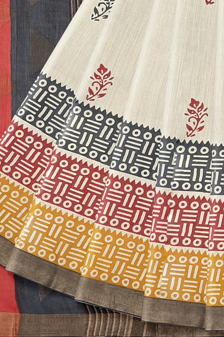 Offwhite Beige Hand Block Print Pure Kosa Silk Saree