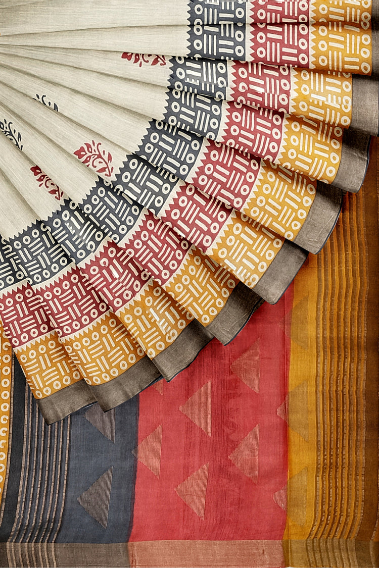 Offwhite Beige Hand Block Print Pure Kosa Silk Saree