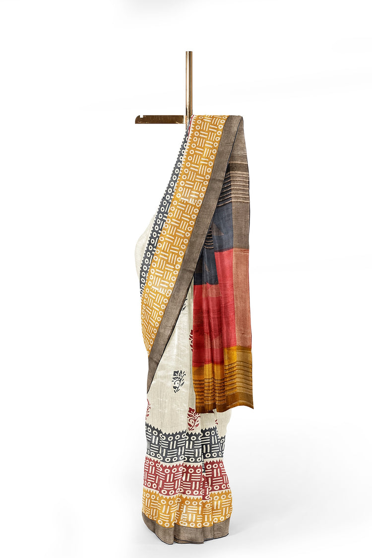 Offwhite Beige Hand Block Print Pure Kosa Silk Saree