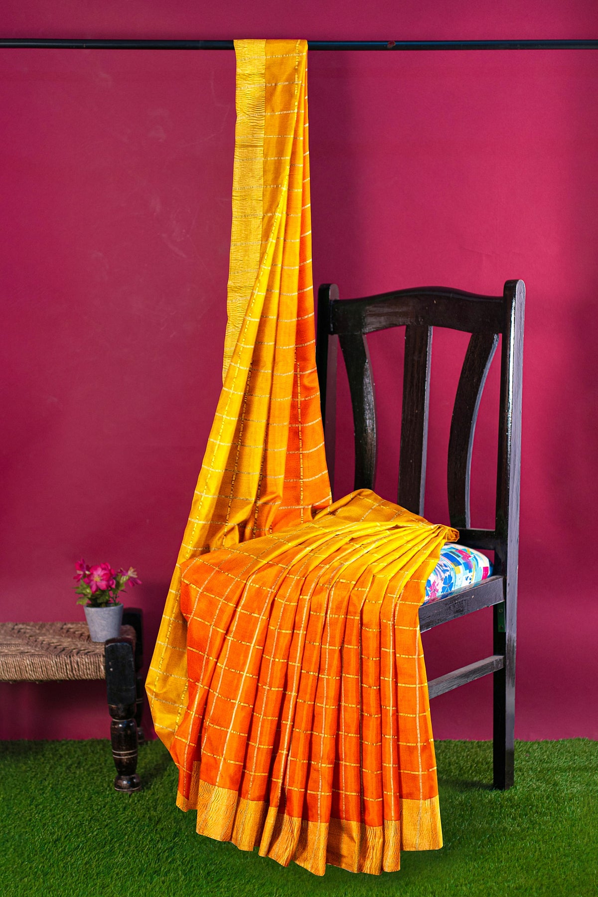 Orange Zari Checks Pure Dupion Silk Saree