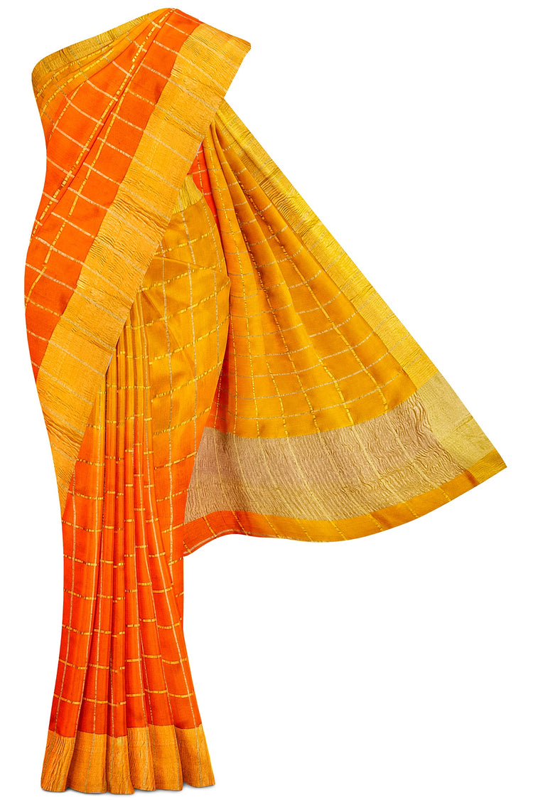 Orange Zari Checks Pure Dupion Silk Saree