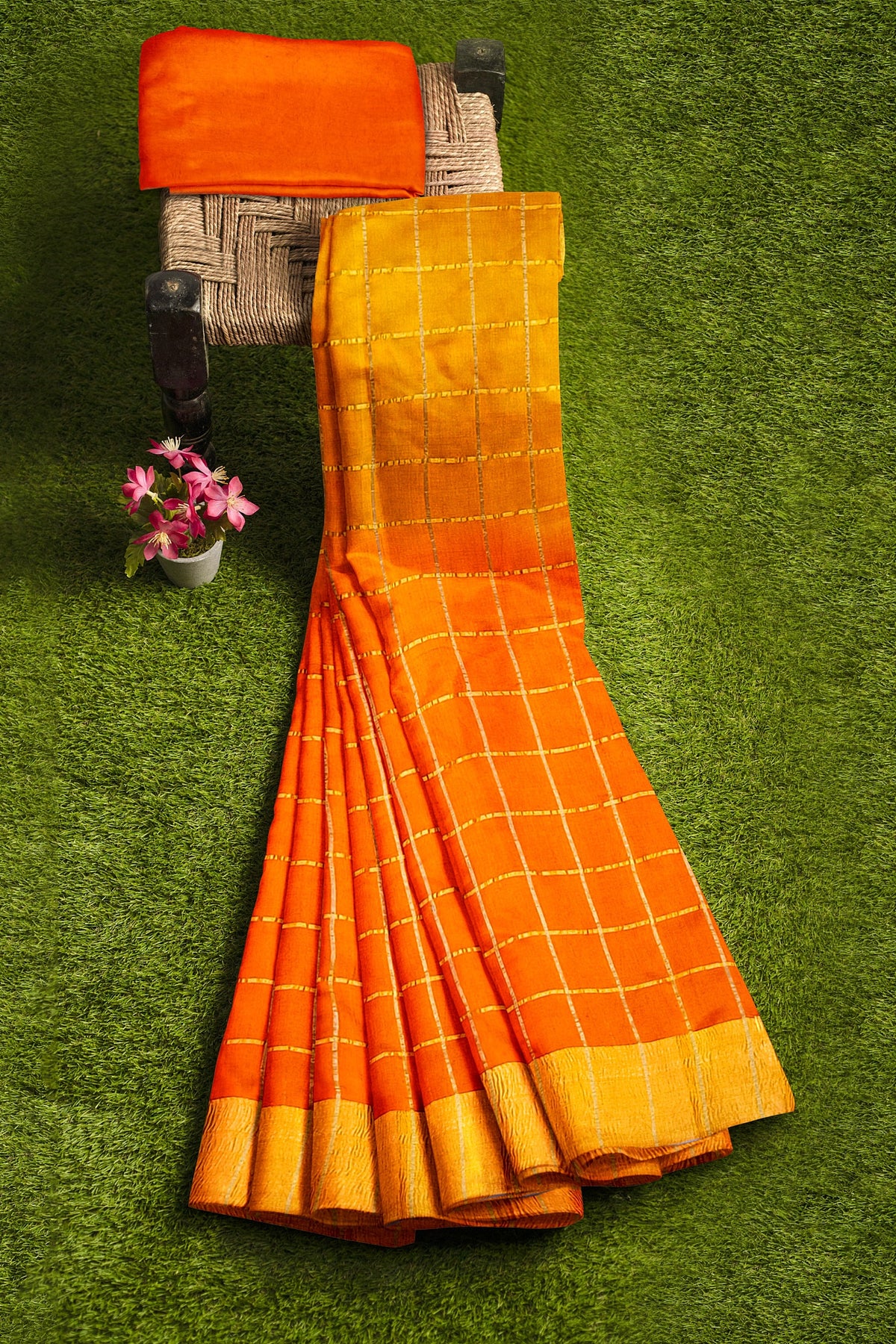 Orange Zari Checks Pure Dupion Silk Saree