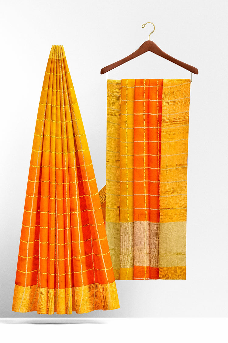Orange Zari Checks Pure Dupion Silk Saree