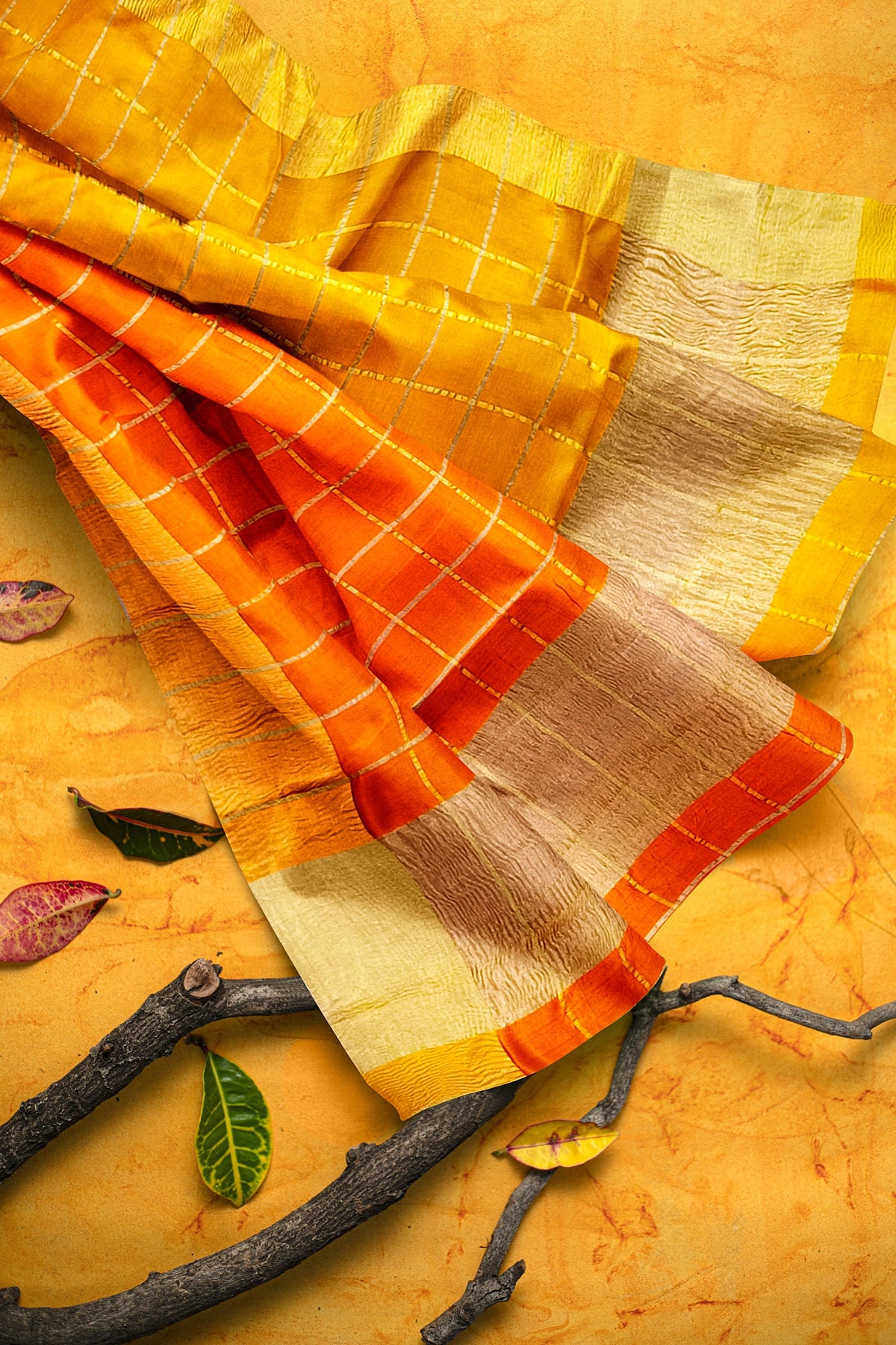 Orange Zari Checks Pure Dupion Silk Saree