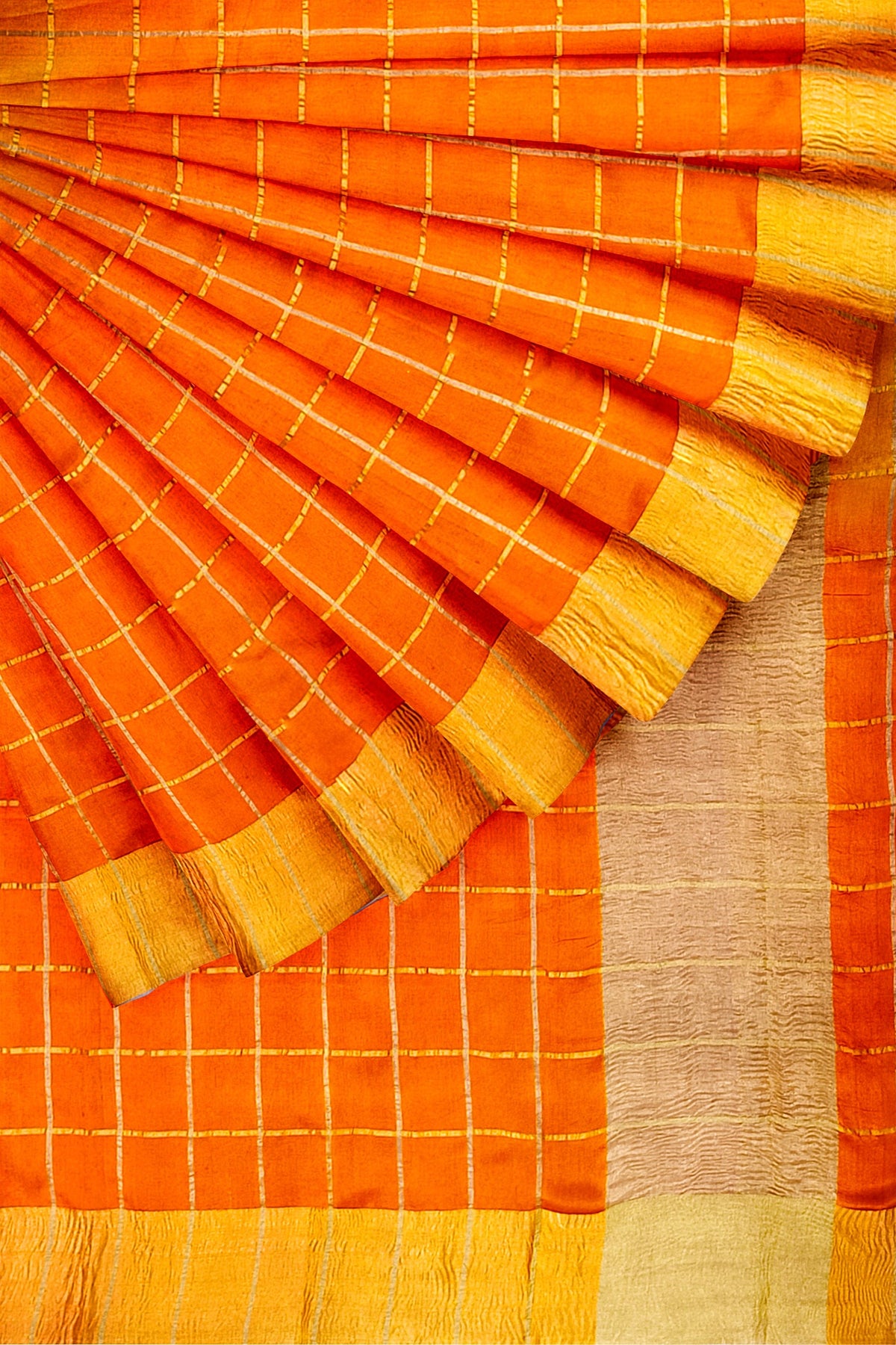 Orange Zari Checks Pure Dupion Silk Saree