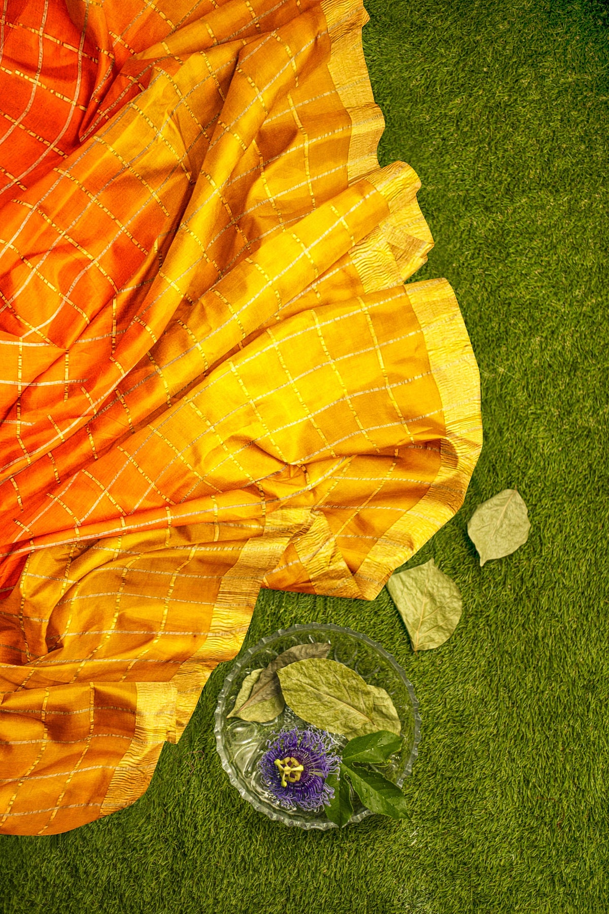 Orange Zari Checks Pure Dupion Silk Saree