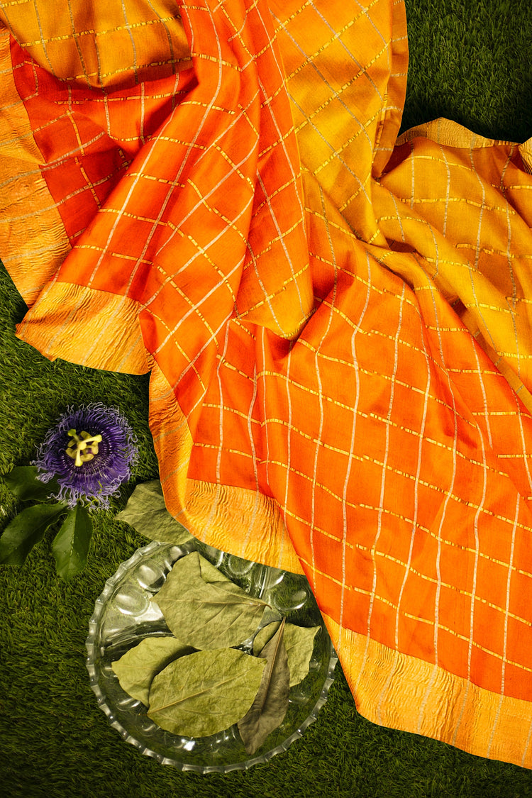 Orange Zari Checks Pure Dupion Silk Saree