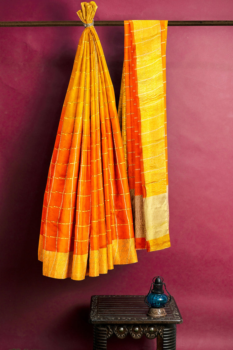 Orange Zari Checks Pure Dupion Silk Saree
