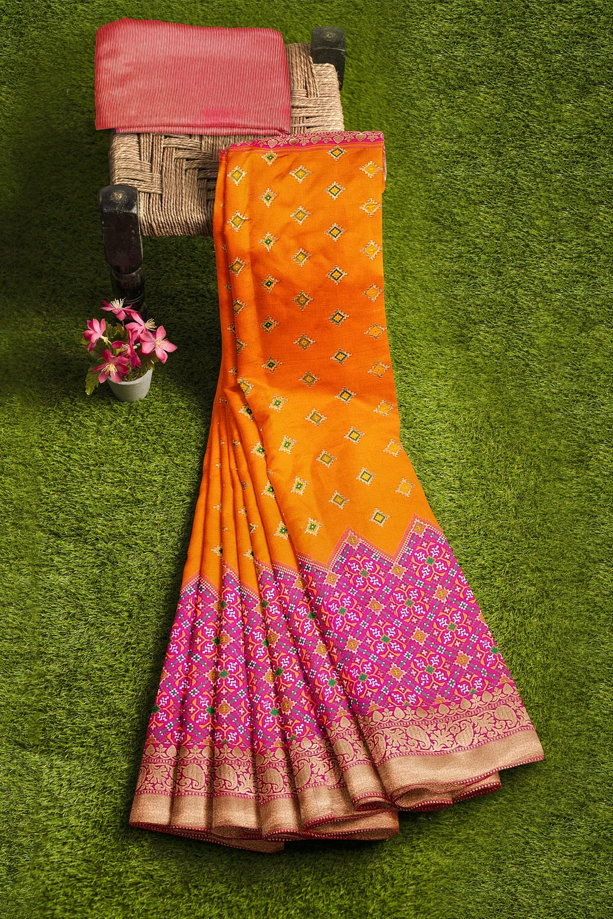 Orange Pink Patola Skirt Banarasi Silk Saree
