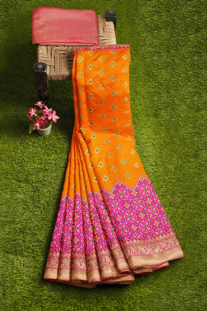 Orange Pink Patola Skirt Banarasi Silk Saree