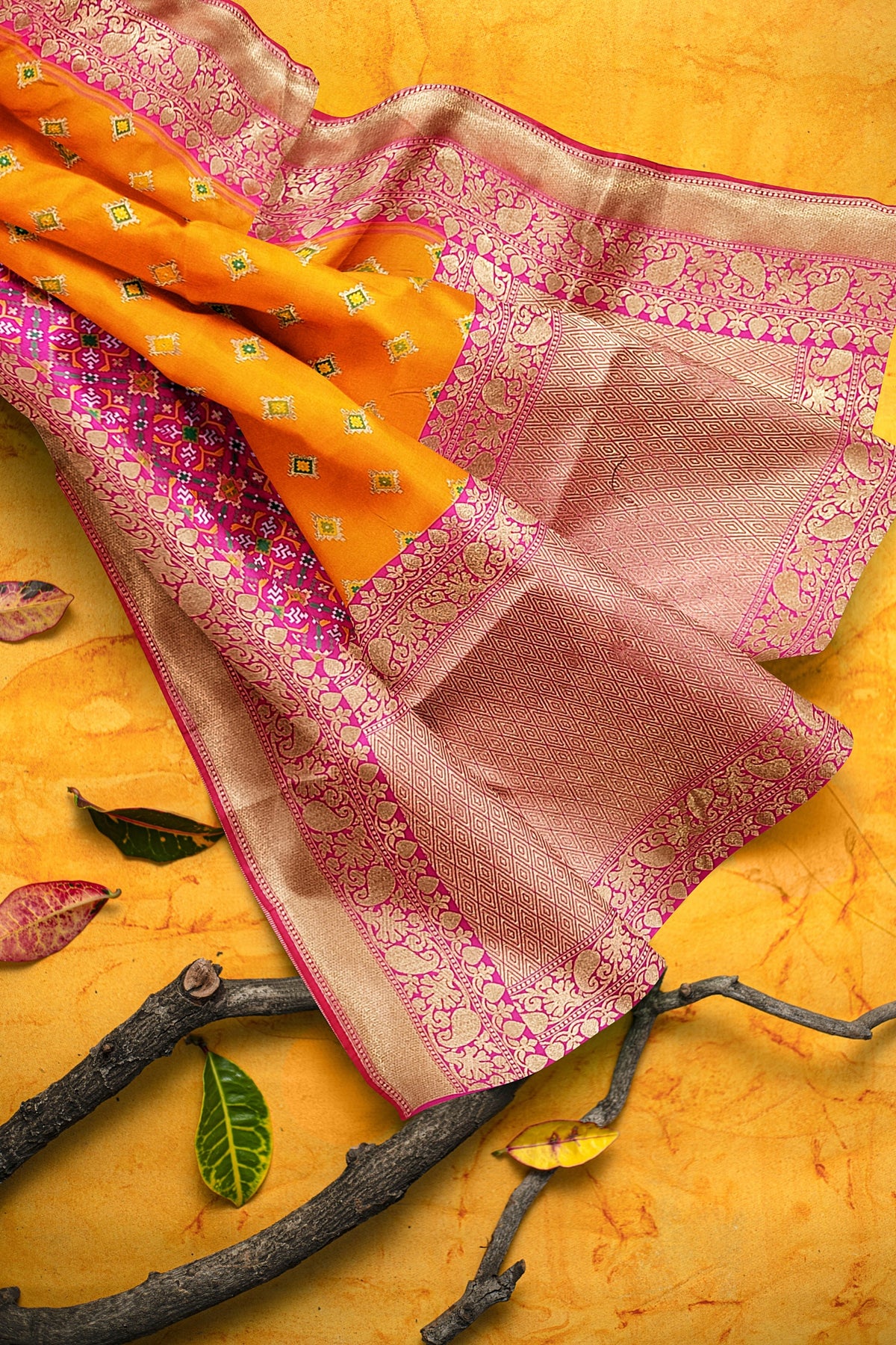 Orange Pink Patola Skirt Banarasi Silk Saree