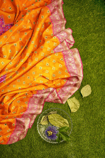 Orange Pink Patola Skirt Banarasi Silk Saree