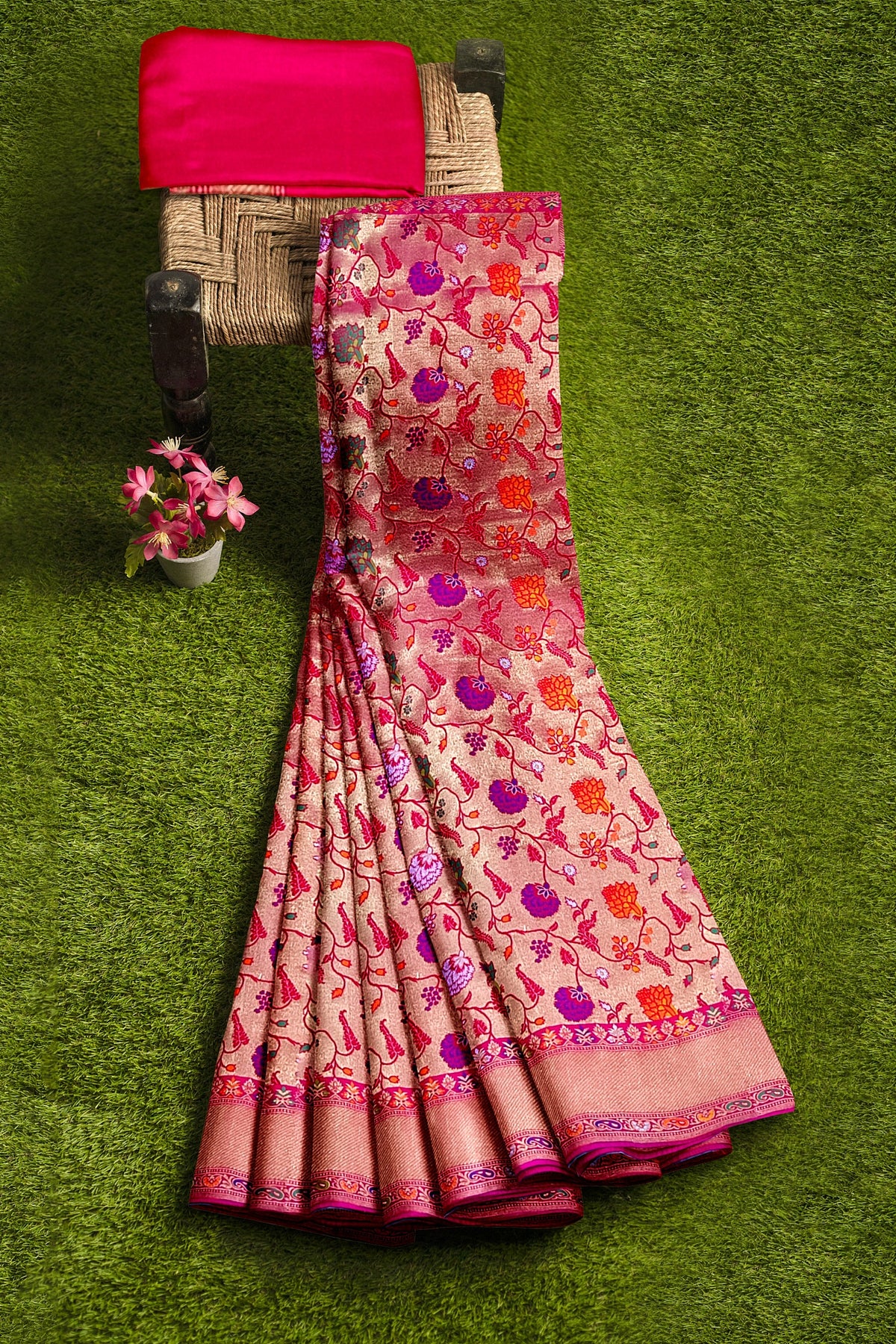 Pink Floral Tishu Meenakari Paithani Inspired Banarasi Silk Saree