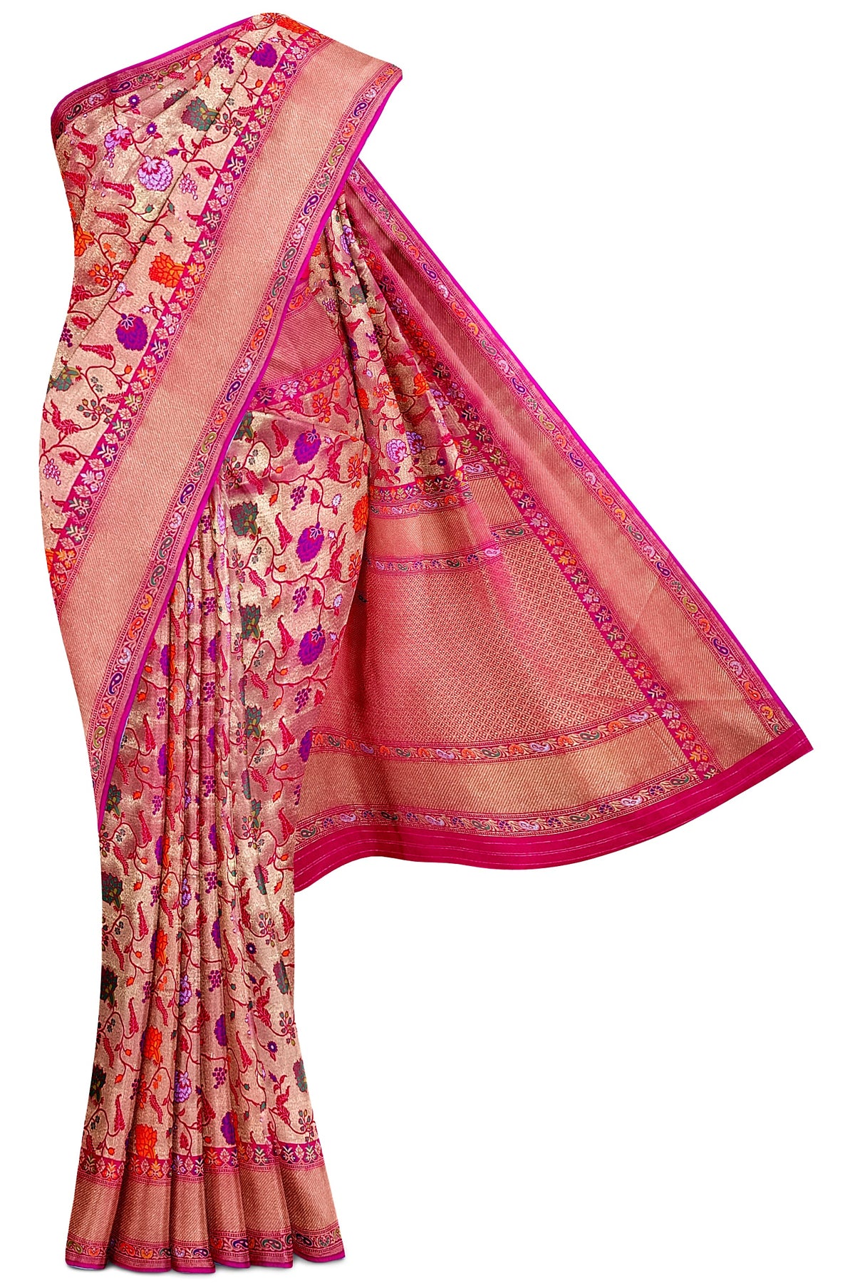 Pink Floral Tishu Meenakari Paithani Inspired Banarasi Silk Saree