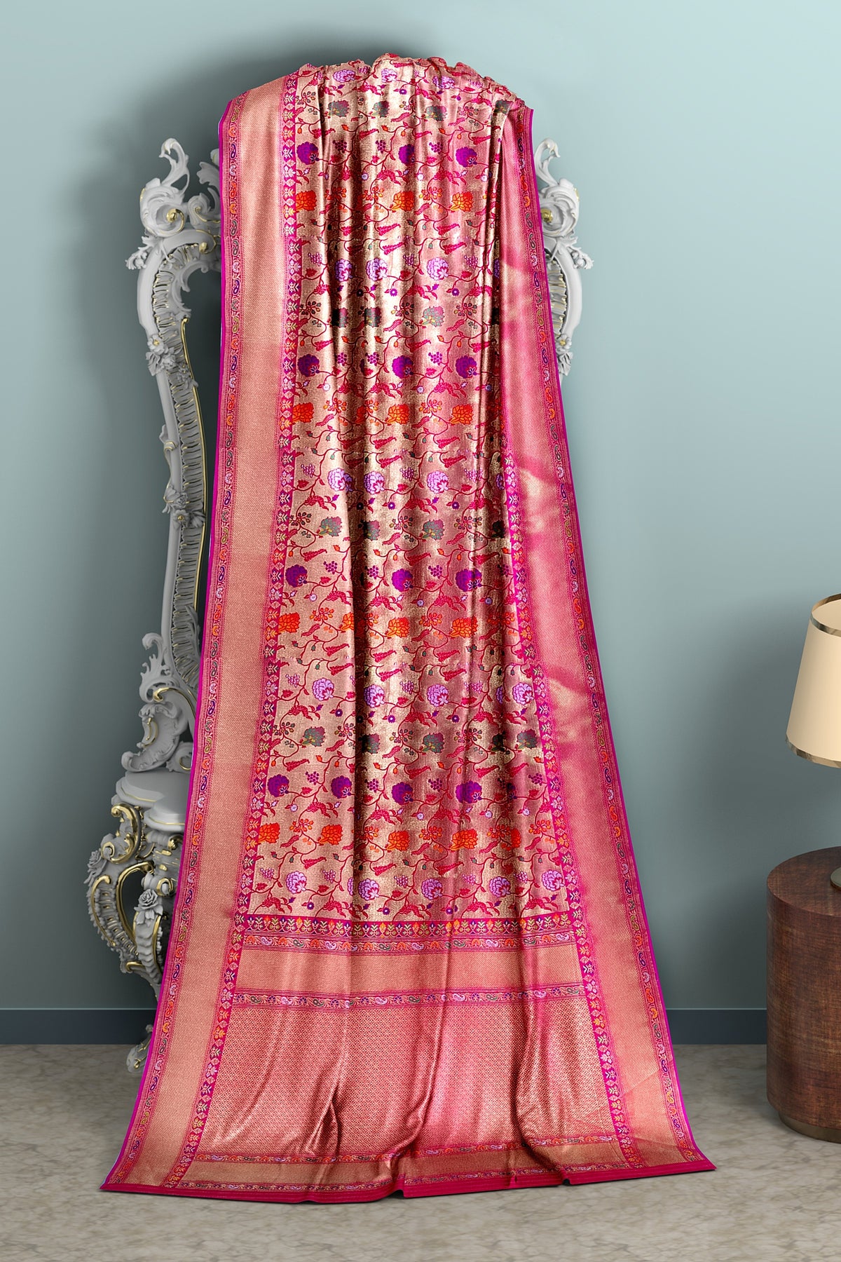 Pink Floral Tishu Meenakari Paithani Inspired Banarasi Silk Saree