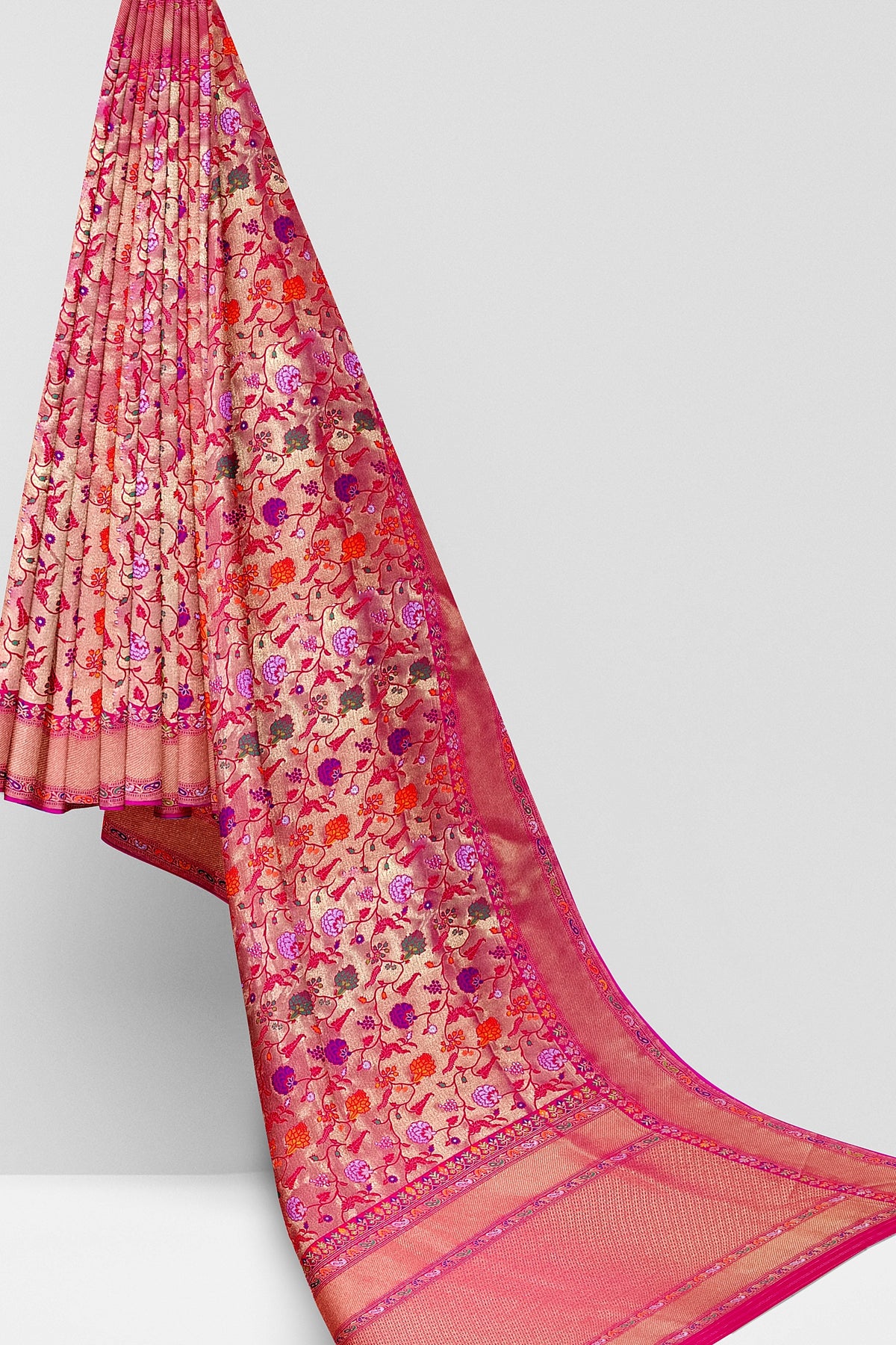 Pink Floral Tishu Meenakari Paithani Inspired Banarasi Silk Saree