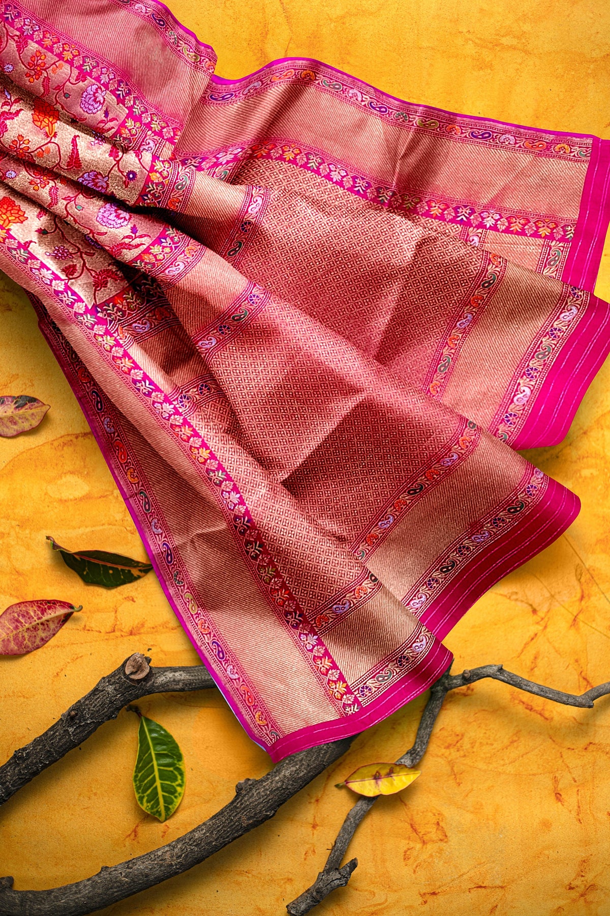 Pink Floral Tishu Meenakari Paithani Inspired Banarasi Silk Saree