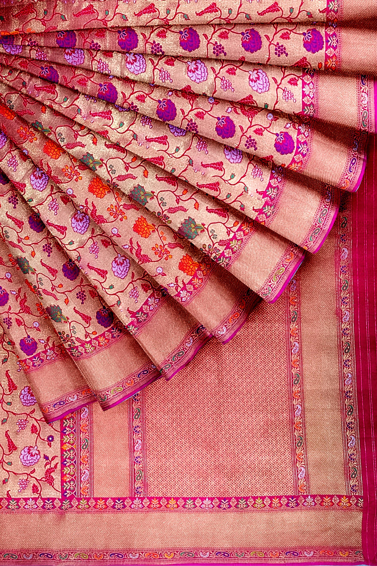 Pink Floral Tishu Meenakari Paithani Inspired Banarasi Silk Saree