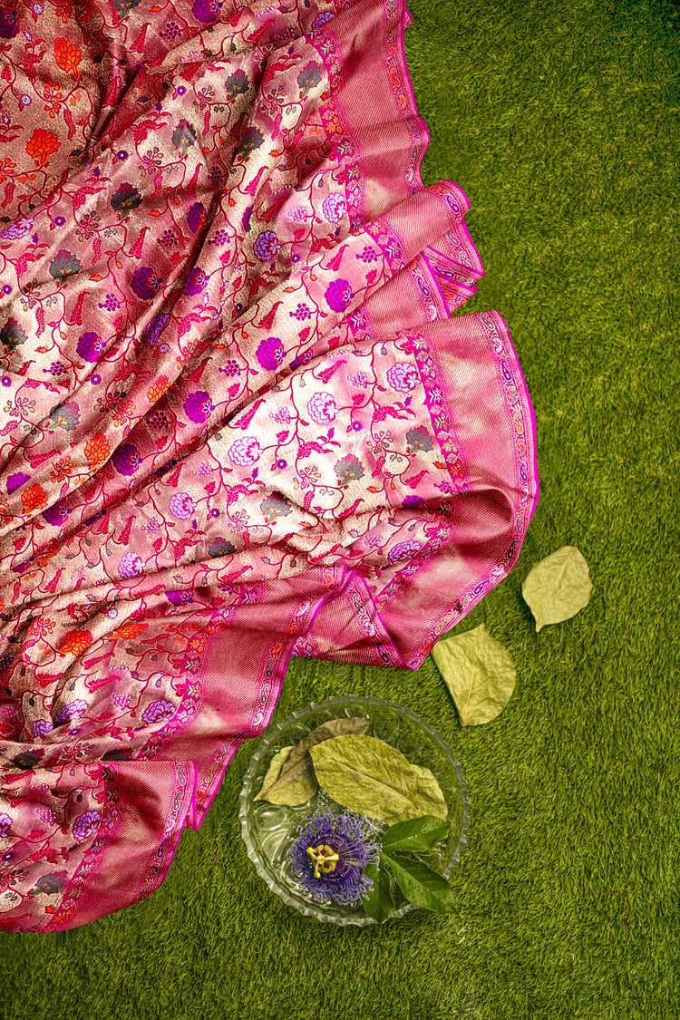 Pink Floral Tishu Meenakari Paithani Inspired Banarasi Silk Saree