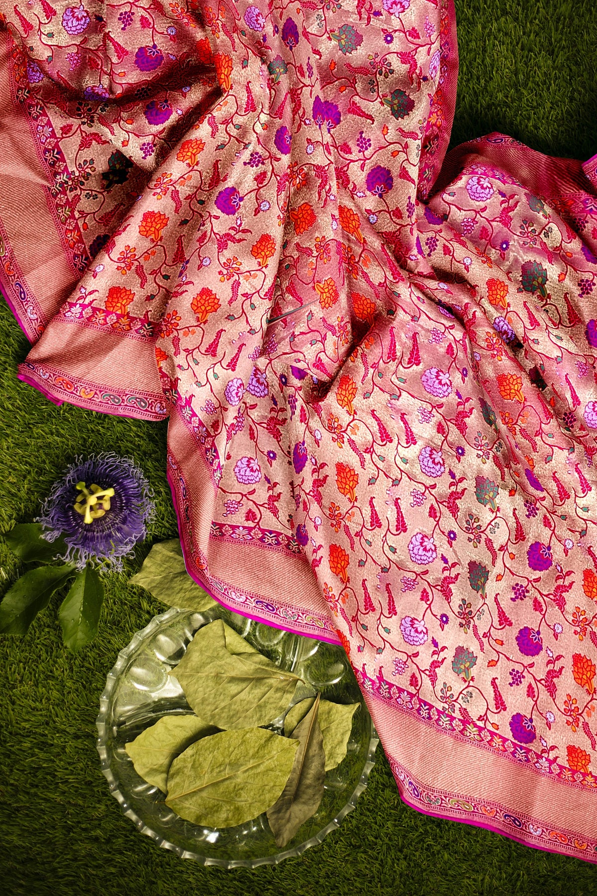 Pink Floral Tishu Meenakari Paithani Inspired Banarasi Silk Saree