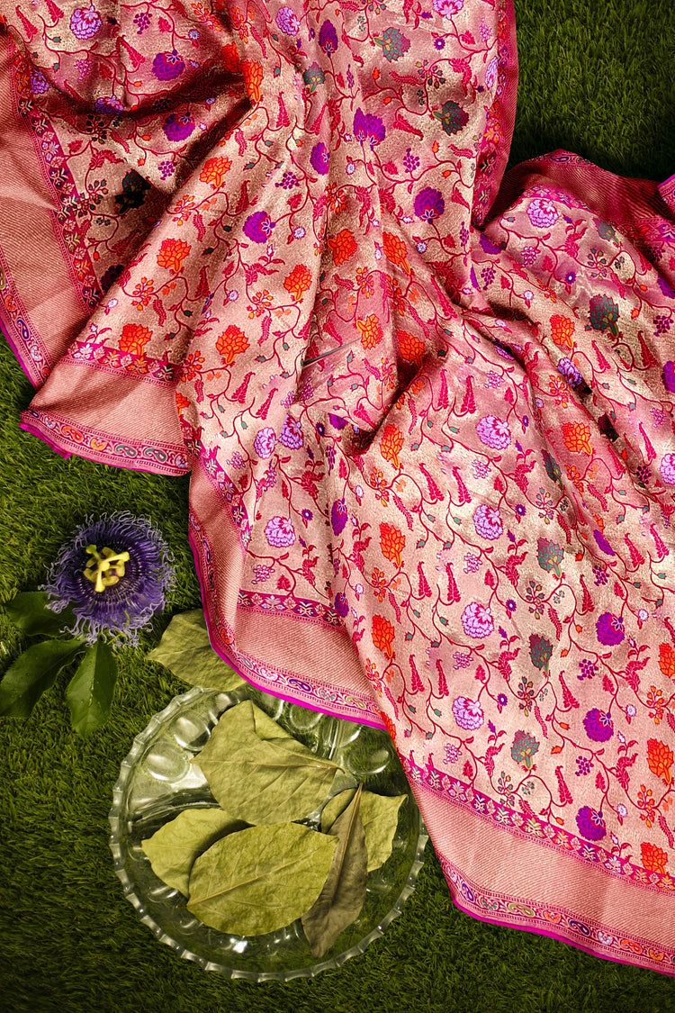 Pink Floral Tishu Meenakari Paithani Inspired Banarasi Silk Saree