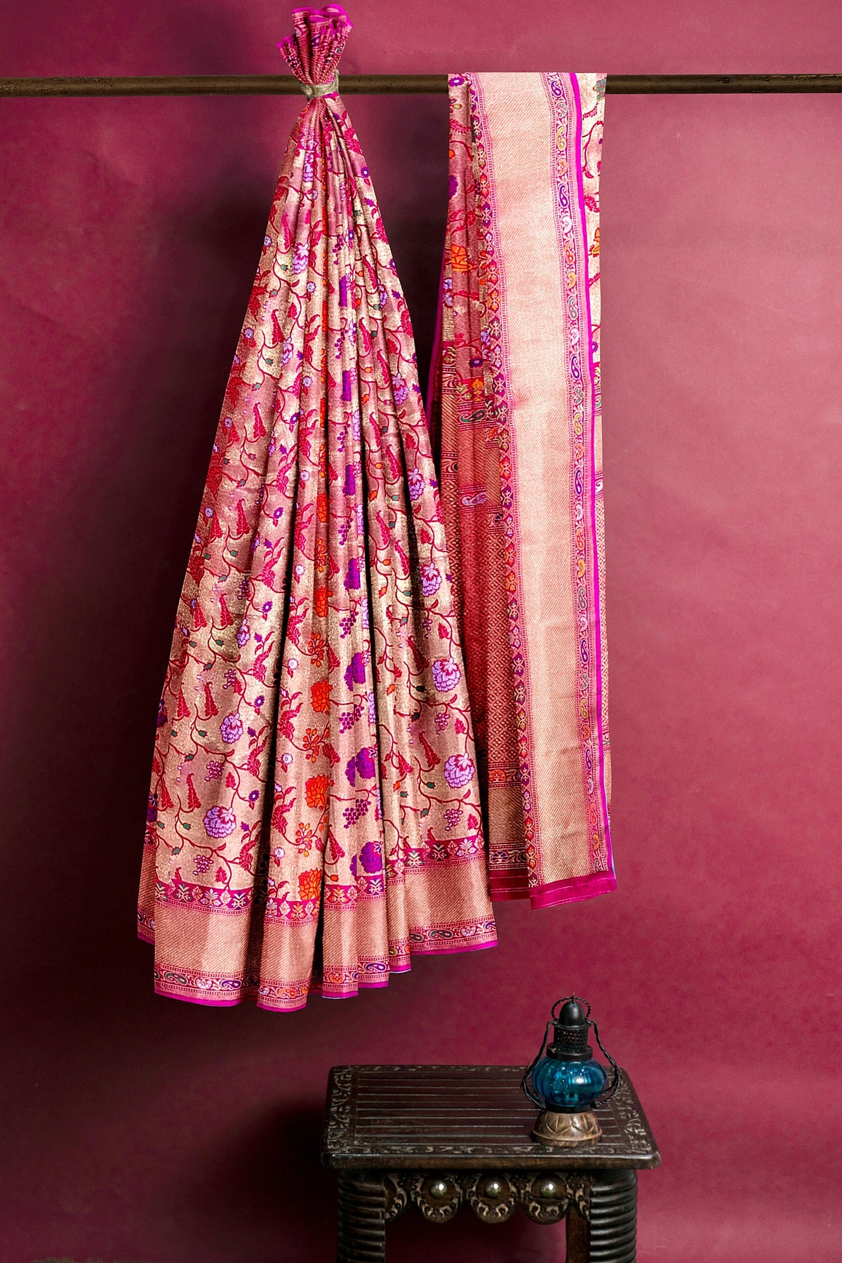 Pink Floral Tishu Meenakari Paithani Inspired Banarasi Silk Saree