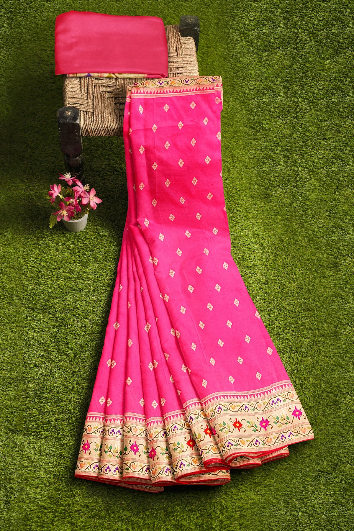 Pink Banarasi Paithani Inspired Border & Pallu Silk Saree