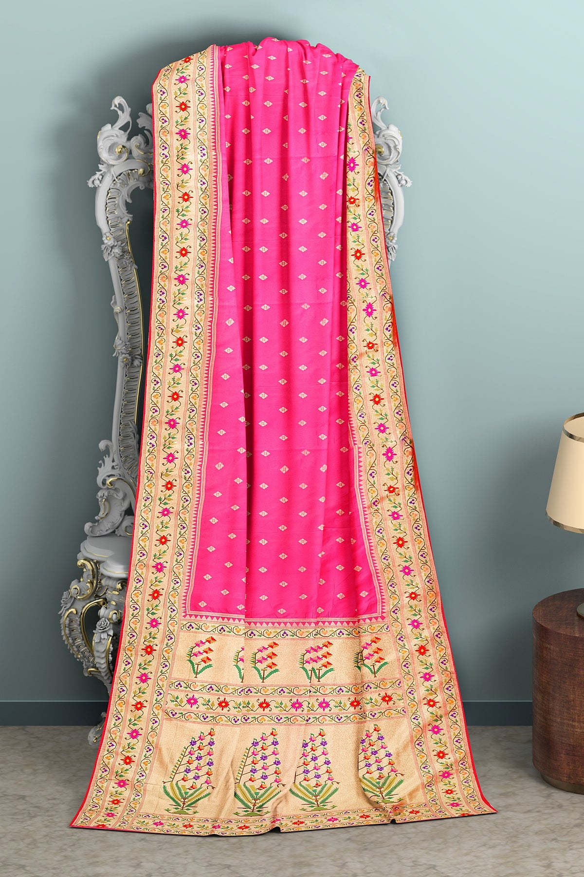 Pink Banarasi Paithani Inspired Border & Pallu Silk Saree