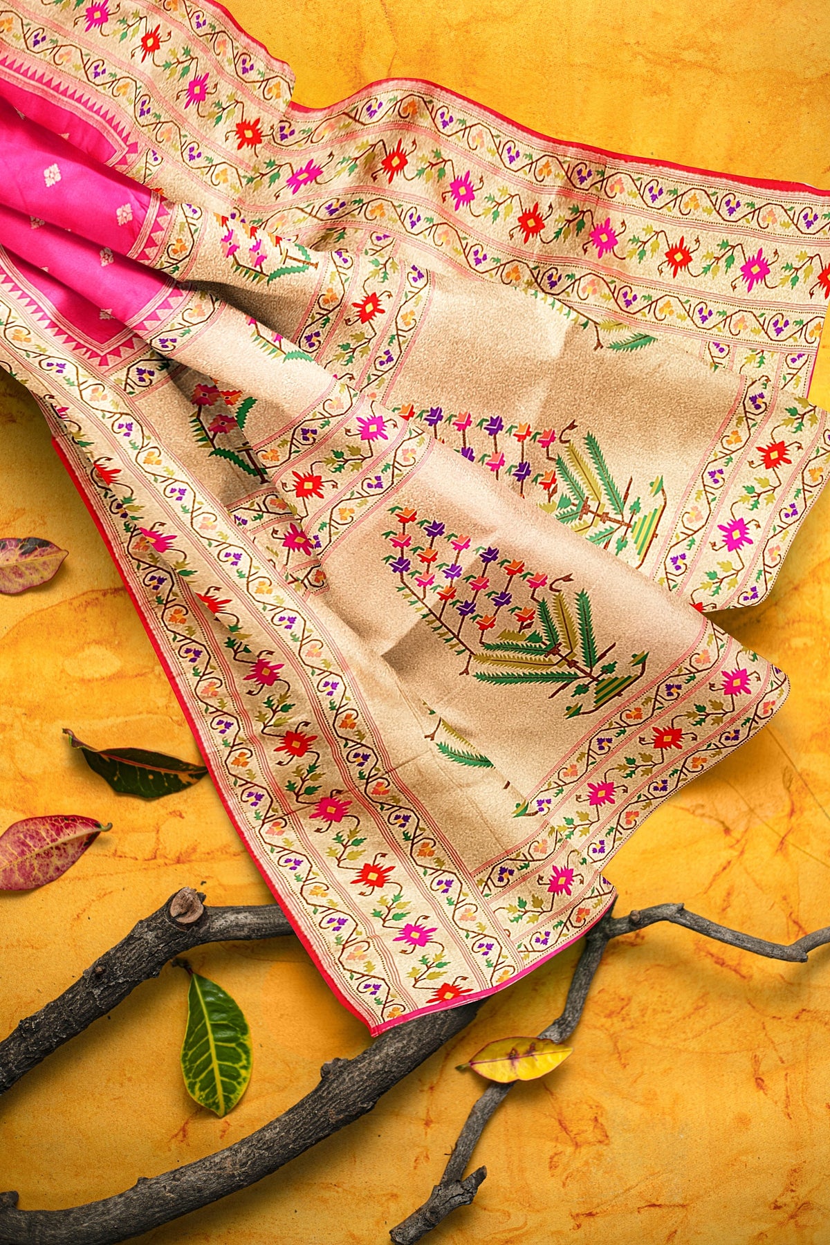 Pink Banarasi Paithani Inspired Border & Pallu Silk Saree