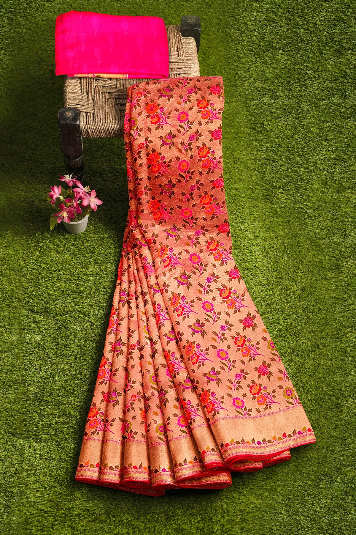 Pink Tishu Meenakari Floral Paithani Inspired Banarasi Silk Saree