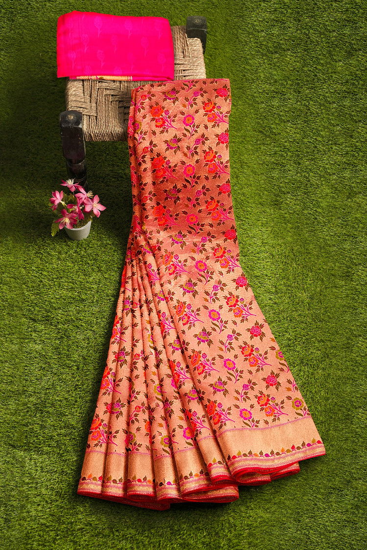 Pink Tishu Meenakari Floral Paithani Inspired Banarasi Silk Saree
