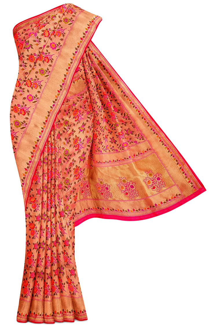 Pink Tishu Meenakari Floral Paithani Inspired Banarasi Silk Saree