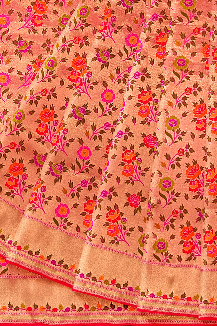 Pink Tishu Meenakari Floral Paithani Inspired Banarasi Silk Saree