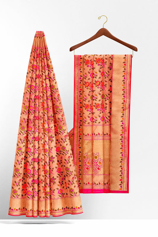 Pink Tishu Meenakari Floral Paithani Inspired Banarasi Silk Saree