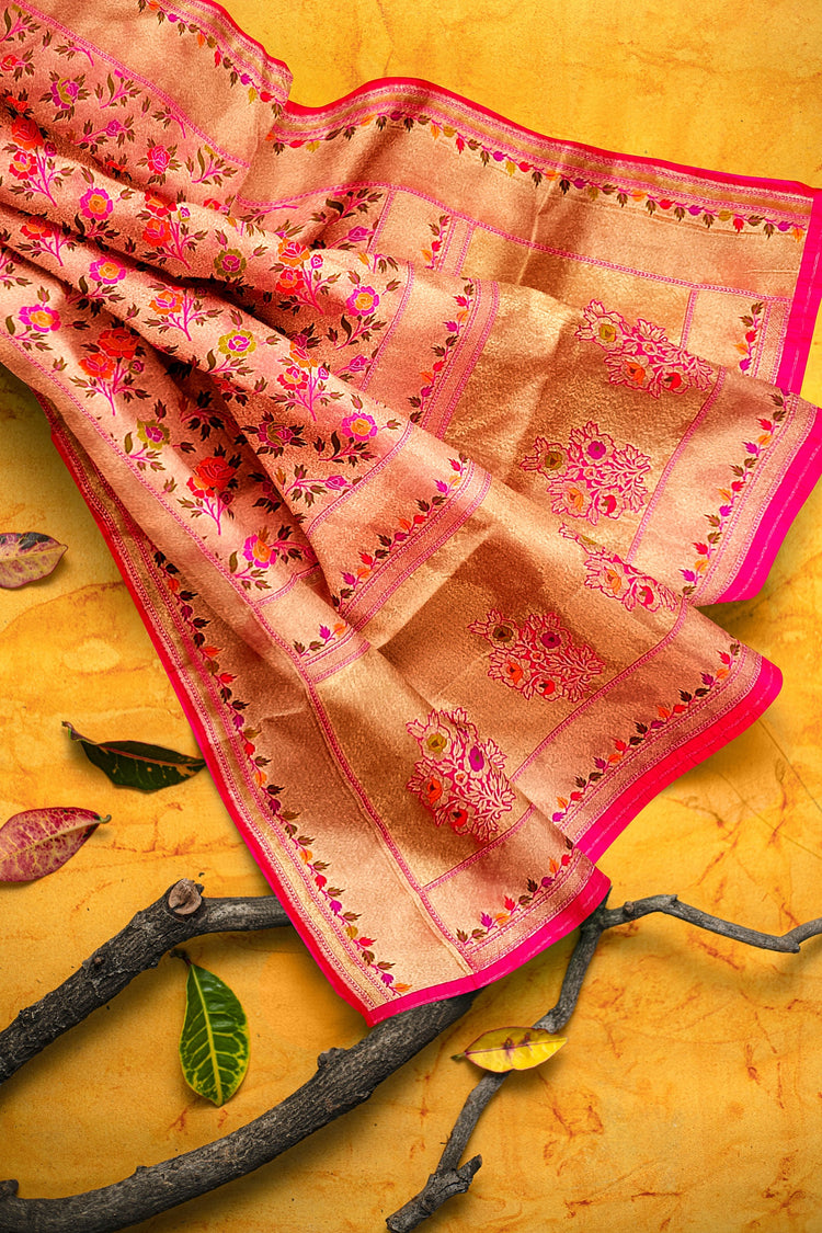 Pink Tishu Meenakari Floral Paithani Inspired Banarasi Silk Saree
