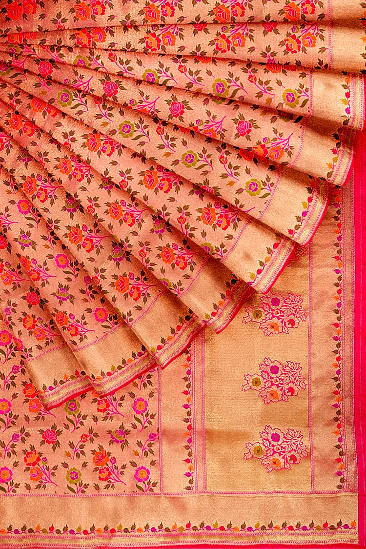 Pink Tishu Meenakari Floral Paithani Inspired Banarasi Silk Saree