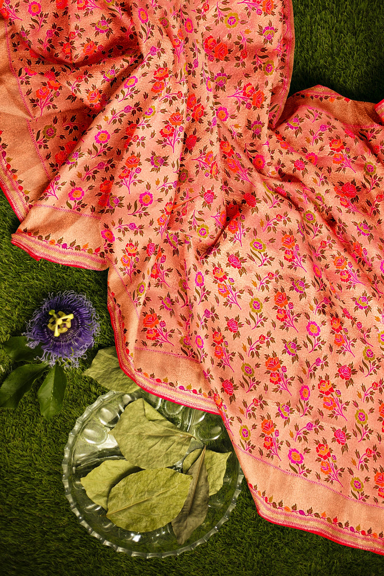 Pink Tishu Meenakari Floral Paithani Inspired Banarasi Silk Saree
