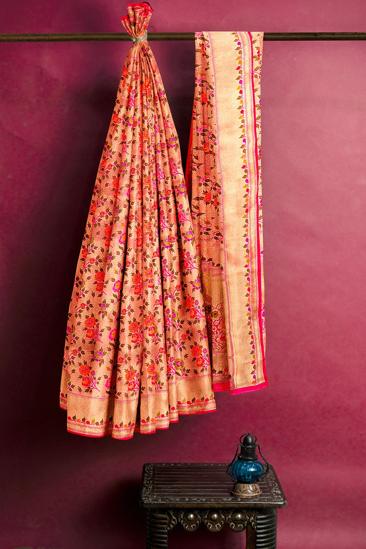 Pink Tishu Meenakari Floral Paithani Inspired Banarasi Silk Saree