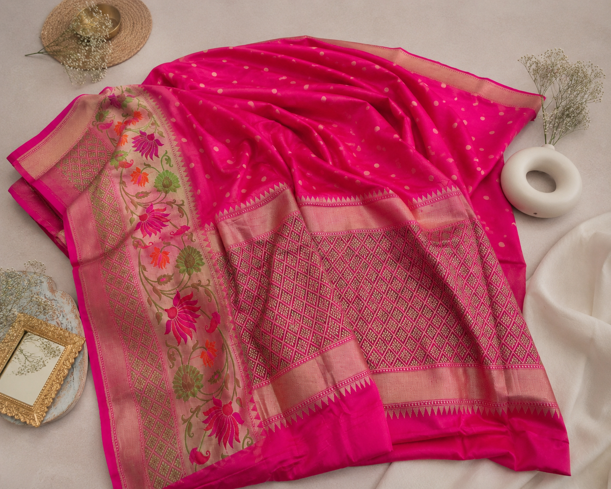 Pink Pure Handloom Banarasi Silk Saree with Lotus Weaving Border