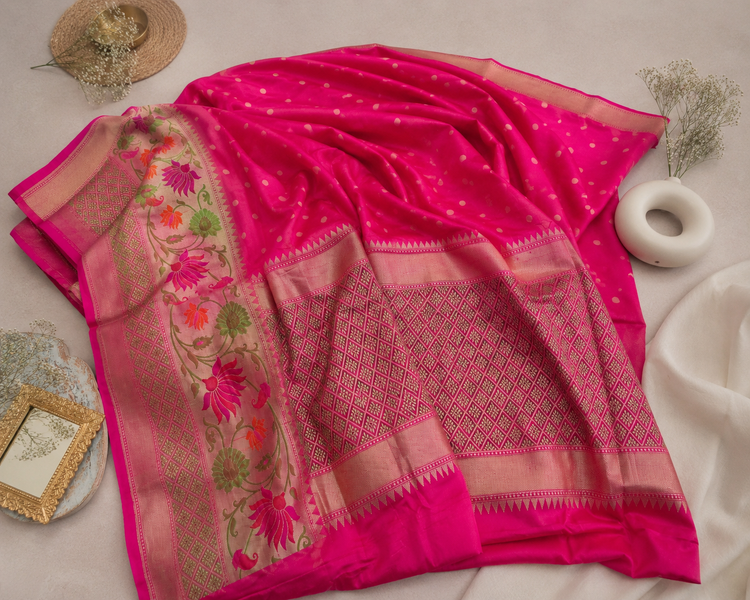 Pink Pure Handloom Banarasi Silk Saree with Lotus Weaving Border