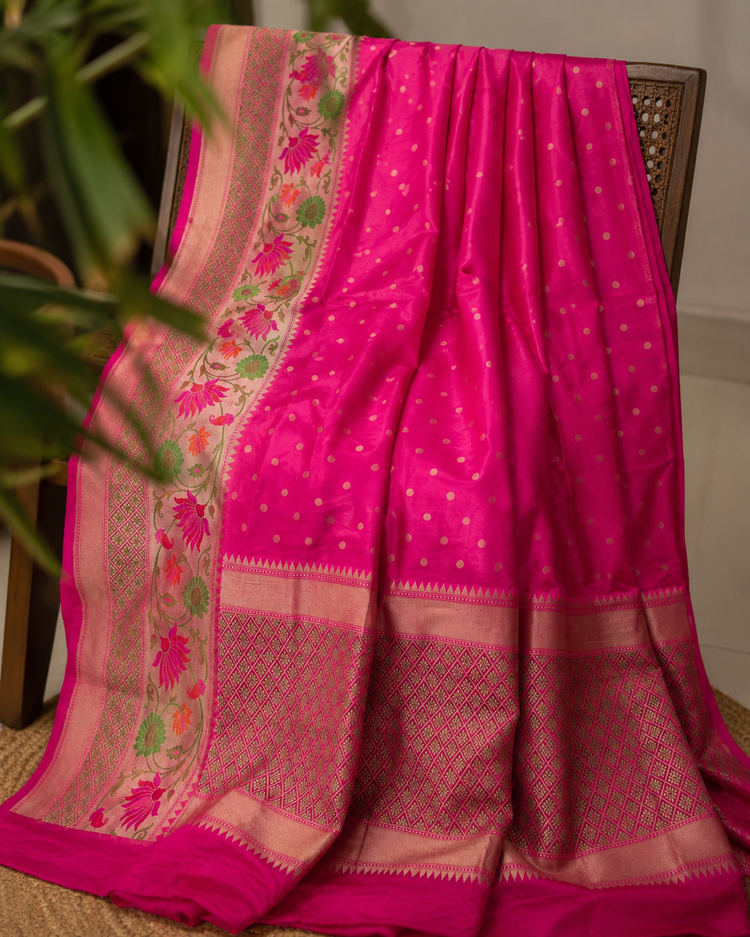 Pink Pure Handloom Banarasi Silk Saree with Lotus Weaving Border