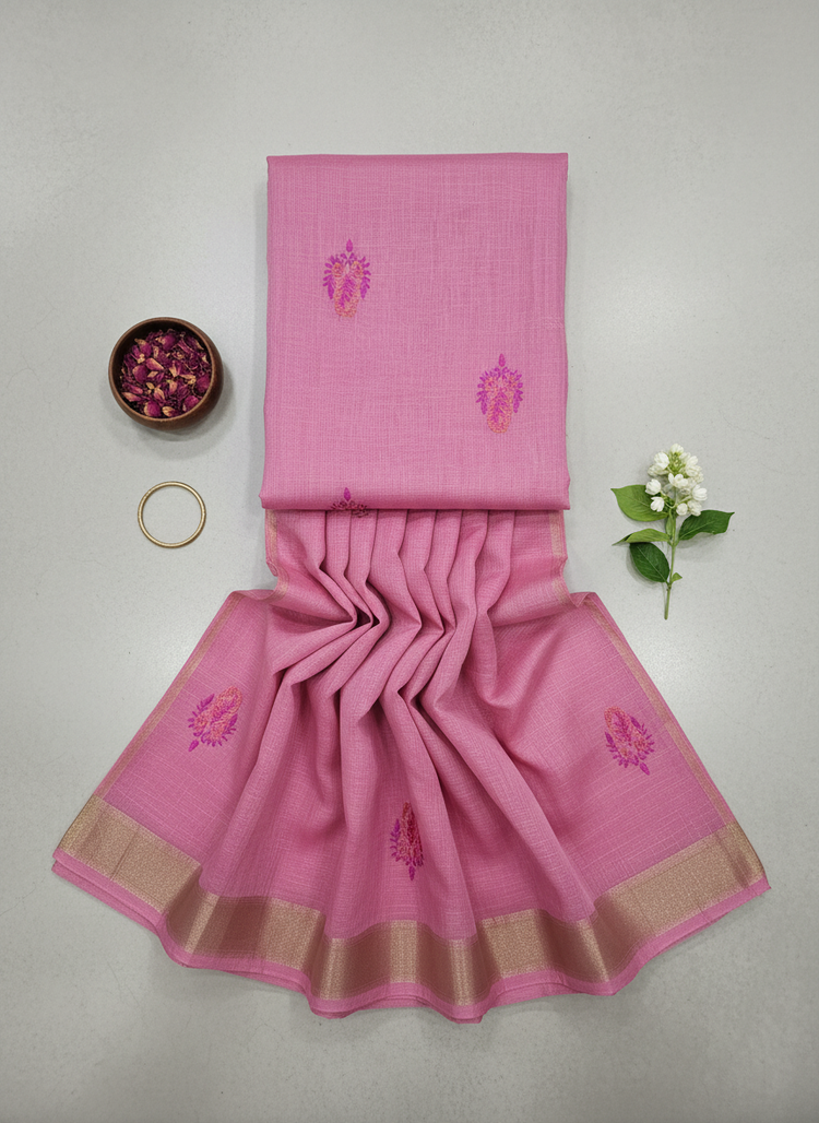 Pink Embroidered Silk Linen Saree